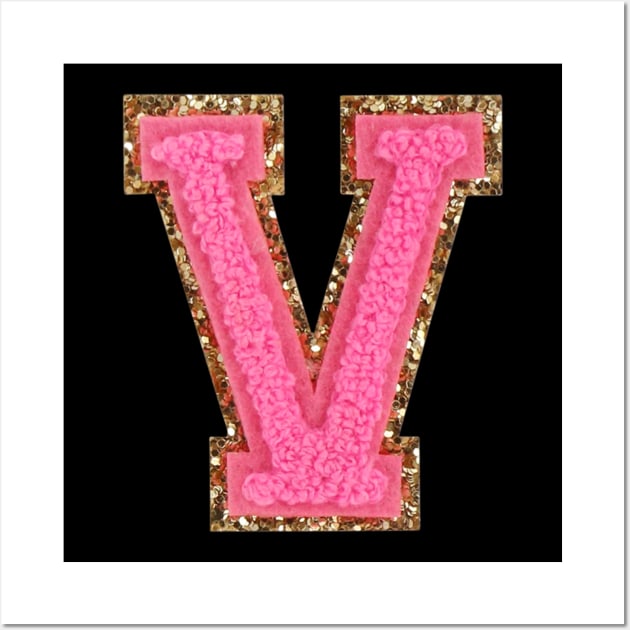 V - Bubblegum Glitter Varsity Letter Patches Wall Art by Ramagarma